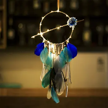 Indický Dream Catcher so Svetlami, Čipky Perie Ručne Vyrobené Dreamcatcher Biela a Modrá Domov Tradičné Dekorácie na Stenu Zavesenie
