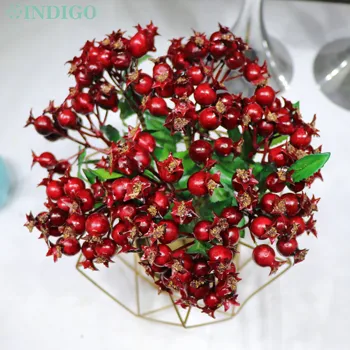 INDIGO - 9pcs Red Berry Pobočky Kytice Vianočný Stôl Dekorácie Kvet Umelých Rastlín Kvetinový Prípade Strany Interiérom
