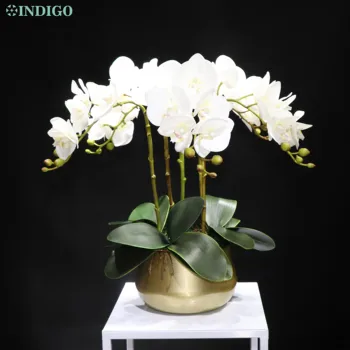 INDIGO - Spot Orchidea DIY Kvet Dohoda (5 ks Orchidea+3ks listov+Kovový Hrniec) Skutočný Dotyk Kvetu Príjem Dekorácie Vrchol