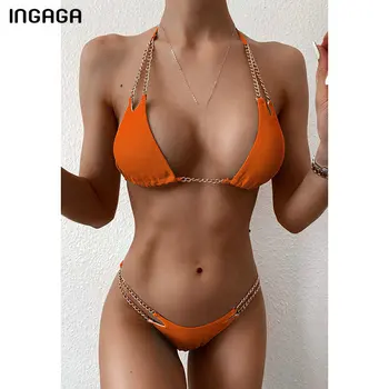 INGAGA Push Up Plavky, Bikiny Plavky s uväzovaním za Ženy, Kovové Reťaze Biquini plavky Black Plávať Oblek 2021 Kúpajúcich Bikini Set