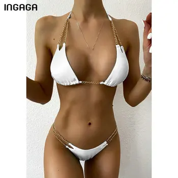 INGAGA Push Up Plavky, Bikiny Plavky s uväzovaním za Ženy, Kovové Reťaze Biquini plavky Black Plávať Oblek 2021 Kúpajúcich Bikini Set