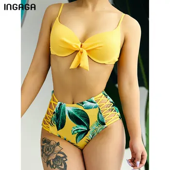 INGAGA Vysoký v strede zúžený Bikini Set Push Up Plavky Krajky-up Plavky Ženy Viazané na Kúpanie Oblek 2021 Čierne Sexy Brazílske Bikiny