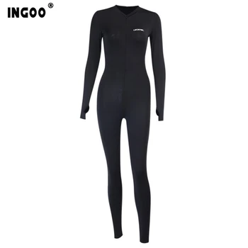 INGOO Streetwear Biela Čierna Bodycon Jumpsuit Ženy Sexy Trakmi 2020 Dlhý Rukáv Zip-Up Chudá Remienky Pevné Dámske Jumpsuit