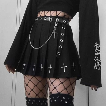 InsGoth Vysoký Pás Mini Black Sukne Gotický Streetwear Kríž Tlačiť Skladaný Ženy Sukne Bežné College Lolita Harajuku Sukne