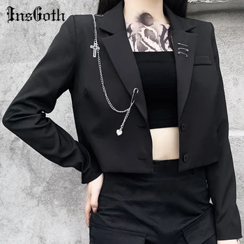 InsGoth Ženy Punk Gotický Čierne Sako Harajuku Streetwear Kovové Reťaze Patchwork Vyhovovali Office Dámy Dochádzanie Do Práce Krátka Srsť