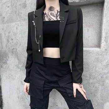 InsGoth Ženy Punk Gotický Čierne Sako Harajuku Streetwear Kovové Reťaze Patchwork Vyhovovali Office Dámy Dochádzanie Do Práce Krátka Srsť