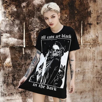 InsGoth Ženy Voľné Čierne tričká, Gotické Grunge, Punk Harajuku Lebky Peinted T-shirts Halloween Party Dlhé Topy Žena T-shirt