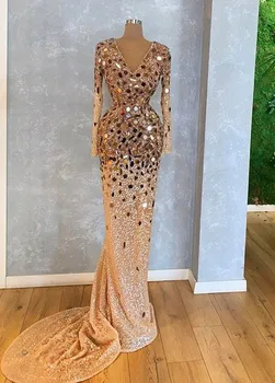 Iskrivý Crystal Korálkové Dlhé Rukávy Morská Víla Večerné Šaty Luxusné Zlaté Prom Šaty Formálne Strany Sprievod Šaty
