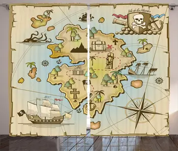 Island Mapa Záclony Cartoon Treasure Island Pirátskej Lodi Hrudníka Kraken Octopus Námorných Deti Dizajn, Obývacej Izby, Spálne, Okno