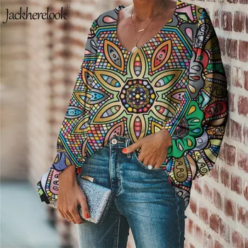 Jackherelook Mandala Boho Kvetinový Tlač Lete Šifón, Blúzky, Ženy, Top Sexi V-Neck Tričko Kvet Dizajn Blusas Mujer de Moda 2020