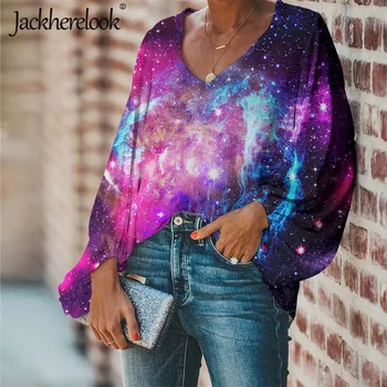 Jackherelook Veľké Ženy Veľkosti Blúzka Multicolor Galaxy Star Priestor Tlač Príležitostné Voľné Dlhý Rukáv Top Dámske Tričko V-neck Oblečenie