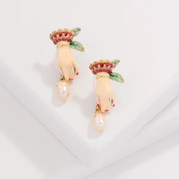 Jaeeyin 2020 Zlatá Farba Stud Náušnice Ručne Vyrobené Smalt Sladkovodné Perly Roztomilý 3D Darček Ženy fenku Teen Šperky