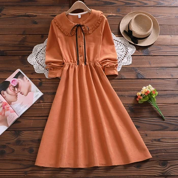 Japonsko štýl jeseň fashion roztomilé sladké šaty, nový príchod luk dlhý rukáv lady vintage vestidos