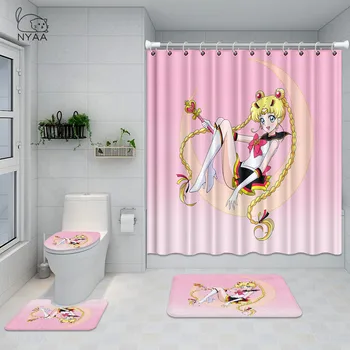 Japonské Anime Kúpeľňa Nastaviť Sailor Moon 3D Vodotesné Sprchový Záves Wc Kryt Mat Non Slip Koberec S 12 Háčiky