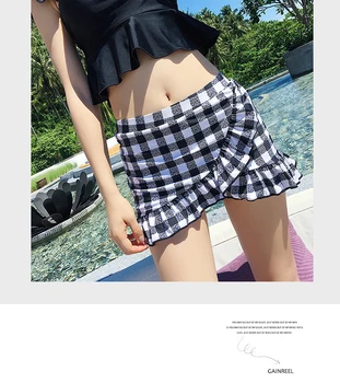 Japonský a kórejský Štýl Čierny kockovaný prehrabať Bikini dámske Plavky Ozdôbky Krátky Rukáv, Plavky, plavky plážové oblečenie