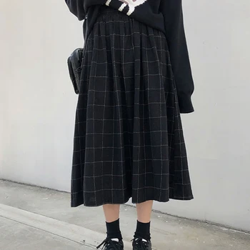 Japonský Jar Jeseň Kockované Sukni, Ženy Mori Dievča Vintage Dlhé Čierne Pokryté Tenké Elastické Pás Ženský Vestido Sukne K137