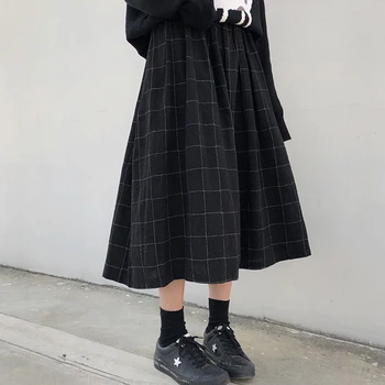 Japonský Jar Jeseň Kockované Sukni, Ženy Mori Dievča Vintage Dlhé Čierne Pokryté Tenké Elastické Pás Ženský Vestido Sukne K137