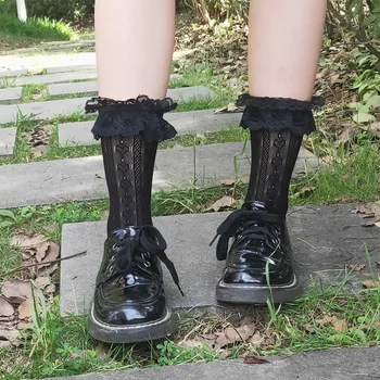 Japonský Lolita Duté Čipky Ponožky Žena Biele Dlhé Ponožky Dámy Čipky Ponožky Ženy Roztomilý Kórejská Verzia Kvetinový Ponožky Čierne