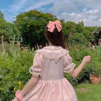 Japonský Lolita módy Oka Rozstrapatené Golier Luk Vysoký Pás Rozšíriteľná na Krátke Rukáv lolita Šaty Žena Letné víla zdobiť