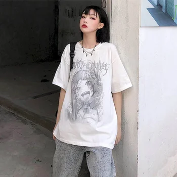 Japonský Mäkké Dievča-Krátke rukávy Gotický Tričko Ženy Oblečenie Žien Retro Karikatúra Holka Tlače In College Voľné Biele tričko