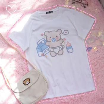 Japonský Mäkké Dievča Roztomilé Dieťa Fľaše Medveďa Krátke Rukáv tričko Tee Študent Harajuku Voľné Kawaii Ulzzang Bavlna T-shirt Topy