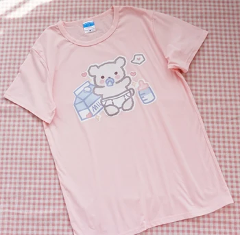 Japonský Mäkké Dievča Roztomilé Dieťa Fľaše Medveďa Krátke Rukáv tričko Tee Študent Harajuku Voľné Kawaii Ulzzang Bavlna T-shirt Topy