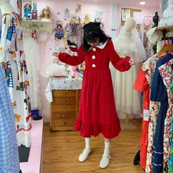 Japonský Mäkké, Sladké Dievča Jeseň Šaty Vintage Ovčej Vlny Peter Pan Golier Celý Rukáv Menčestrové Šaty Cute Rozstrapatené Voľné Šaty