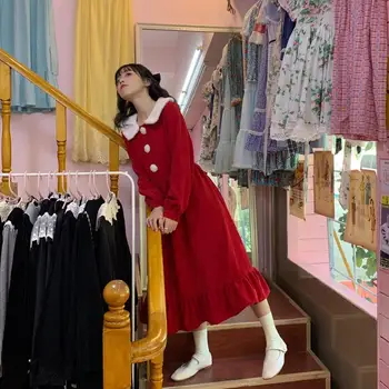 Japonský Mäkké, Sladké Dievča Jeseň Šaty Vintage Ovčej Vlny Peter Pan Golier Celý Rukáv Menčestrové Šaty Cute Rozstrapatené Voľné Šaty