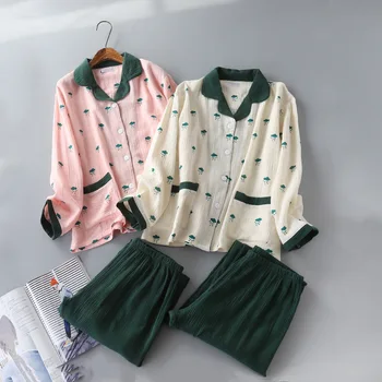 Japonský nový štýl jar a na jeseň dámy bavlna prať textúra krepové dvojité gázy cardigan tlačidlo pyžamo home service ženy