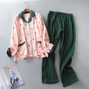 Japonský nový štýl jar a na jeseň dámy bavlna prať textúra krepové dvojité gázy cardigan tlačidlo pyžamo home service ženy