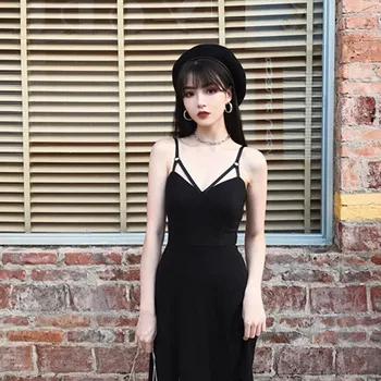 Japonský Punk Gotické Šaty Elegantné Ženy Nosiť Tmavé Okolo Vysoký Pás Split Strany Klubu Šaty, Sexy Hlboké V-Neck Black Letné Šaty