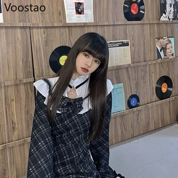 Japonský Vintage Gothic Lolita Šaty Žien Tmavé Roztomilý Volánikmi Krajky-Up Luk Dlhý Rukáv Kockované Šaty Dievčatá Viktoriánskej Punk Dress