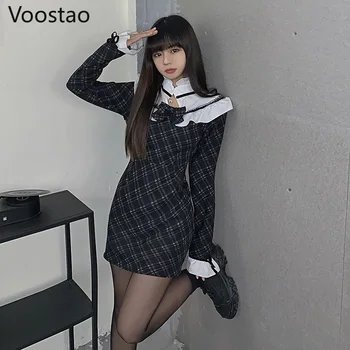 Japonský Vintage Gothic Lolita Šaty Žien Tmavé Roztomilý Volánikmi Krajky-Up Luk Dlhý Rukáv Kockované Šaty Dievčatá Viktoriánskej Punk Dress