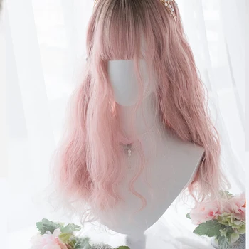Japonský Štýl Lolita Cosplay Parochne Vysokej teploty Vlákna Syntetické Vlasy Ružová Gradient Dlho Vody Kučeravé Vlasy+zadarmo parochňu net
