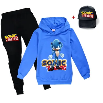 Jar, jeseň nové kreslené Sonic the hedgehog trend tri-kus módy s kapucňou sveter + nohavice + sun hat 3 šport voľný čas oblek
