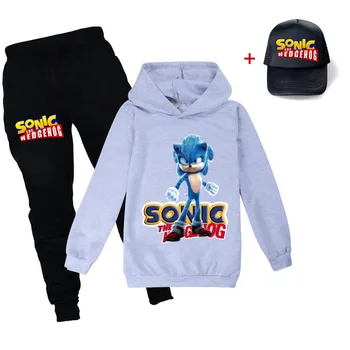 Jar, jeseň nové kreslené Sonic the hedgehog trend tri-kus módy s kapucňou sveter + nohavice + sun hat 3 šport voľný čas oblek