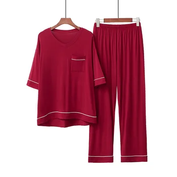 Jar, jeseň pyžamo ženy modálne bavlna sleepwear pijama nastaviť v-krku dámy odev vyhovovali pyžamo femme voľné domáce oblečenie