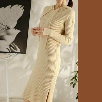 Jar, jeseň sveter žien dlho nad kolená jeden kus sveter pletené šaty s kapucňou dlhý pulóver šaty