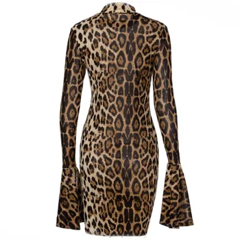 Jar, Jeseň Ženy Leopard Mini Šaty Vysoká Krku Dlho Horela Rukáv Slim Bodycon Šaty Party Club Oblečenie