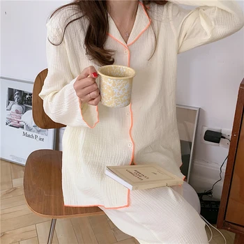 Jar kórejský štýl ženy bavlna voľné tuhé pyžamo nastaviť turndown domáce oblečenie na jeseň bežné elegantné spanie vyhovovali žena L186