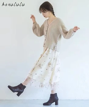 Jar Nové Produkty Japonskej Svietidla Rukáv Pletený Sveter + Vyšívané Vyšívané Sukne Nastaviť Ženy