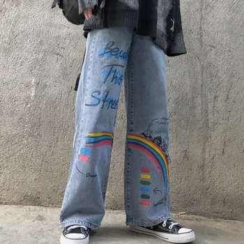 Jar Širokú Nohu Bežné Jean Nohavice ženy Harajuku Streetwear 2020 Nové Jeseň Hip Hop Džínsové Nohavice List Tlač Modré Džínsy KZ163