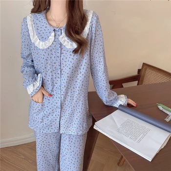 Jar Ženy Kvetinový Tlač pyžamo nastaviť dlhý rukáv voľné pjs domov set bavlna móda čipky sladké sleepwear felame pyžamá L143