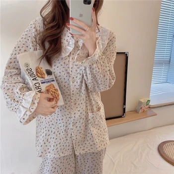 Jar Ženy Kvetinový Tlač pyžamo nastaviť dlhý rukáv voľné pjs domov set bavlna móda čipky sladké sleepwear felame pyžamá L143