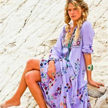 Jastie Kvetinový Vyšívané Maxi Šaty Strapec Tvaru Dlhý Rukáv Jeseň Boho Šaty Vintage Hiipie Elegantné Plážové Šaty Vestidos 2020