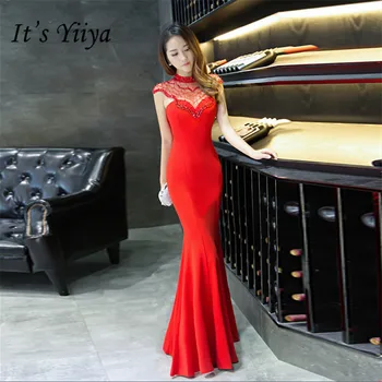 Je to Yiiya Morská víla večerné šaty Sexy Podlahy-dĺžka formálne Ohlávka Party Šaty Červené biele bez rukávov Zips späť Prom šaty C072