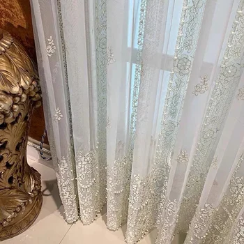 Jemná Biela Perla Úplnej Voile Luxusné Vyšívané Tylu Závesy pre Obývacia Izba Romantický Zlato Drôt Line Svadobné Dekor M201-5