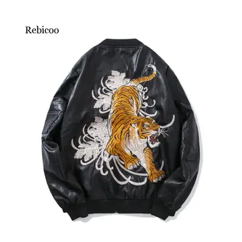 Jesenná Pánska Kožená Bunda Sukajan Japonský Vyšívané Zviera Tiger Bombardér Bunda Muž PU koženka Outwear