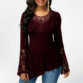 Jesenné módne bežné kolo krku farbou dlhým rukávom čipky šitie nepravidelný T-shirt topy ženy