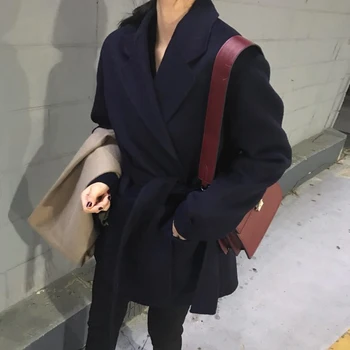 Jesenné zimné móda vlnené sako ženy klope voľné belted hrubé teplé sako